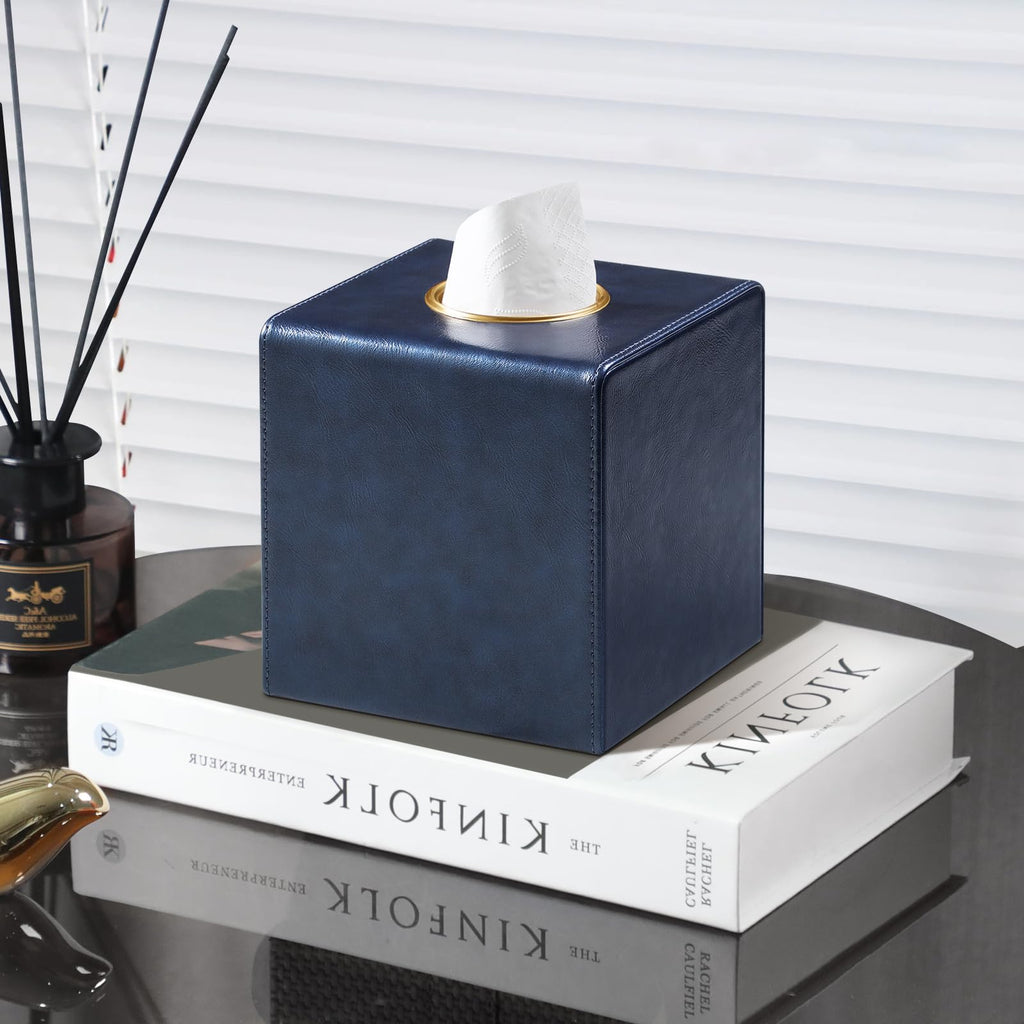 MEIBOOCH Square Tissue Box Cover with Magnetic Closure, Navy Blue
