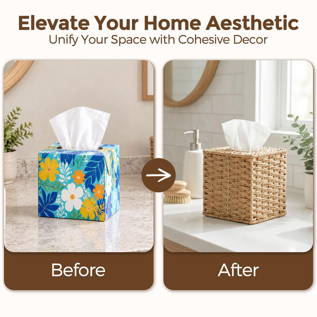 Yosner Paper Rope Tissue Box Cover Square, Wicker Tissue Box Holder Natural