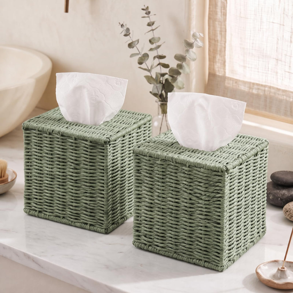 Thyle Sage Green Tissue Box Cover 2 Pack, Boho Hand Woven Paper Rope Square Tissue Box Holder, Decorative Cube Napkin Organizer for Bathroom, Bedroom, Living Room, Desk & Office