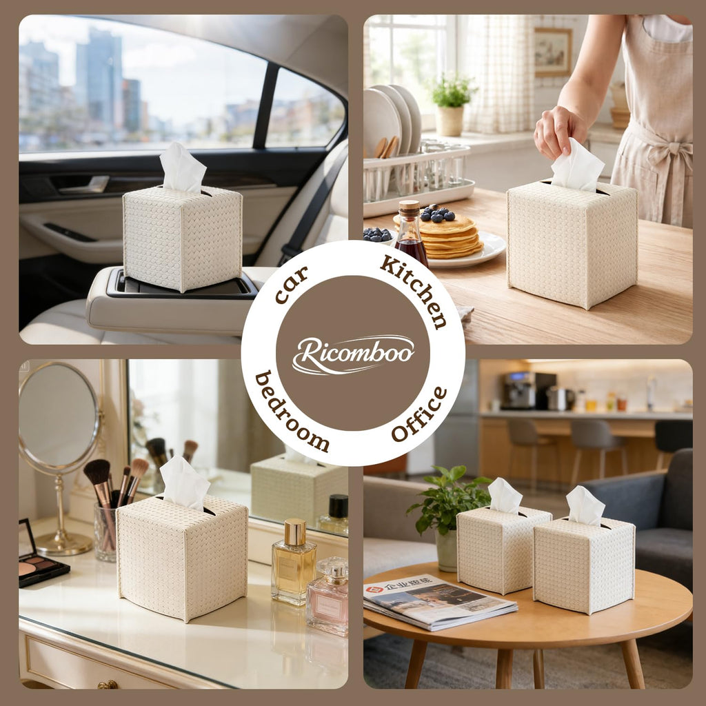 Ricomboo 2 Pack Tissue Box Cover Square, 5“x5 x5 PU Leather Tissue Boxes Holder, Decor Cube Paper Organizer with Bottom Belt for Bathroom, Home, Night Stands, Office, Car (Woven)