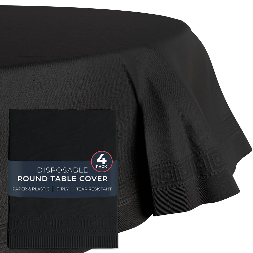 HOUZZKINGZ USA Black Paper Tablecloths for Round Tables | 82" 4 Pack | 3-Ply Premium Paper & Plastic Table Cloths for Parties Disposable