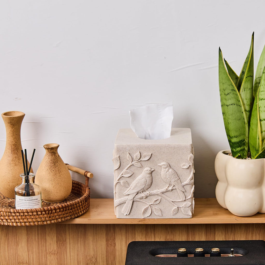 Beige Sandstone Relief Birds Square Tissue Box Cover Decorative,Resin Heavy Sturdy Tissue Box Holder, Facial Paper Holder for Bathroom Vanity Countertop, Bedroom Night Stand,Office and End Table