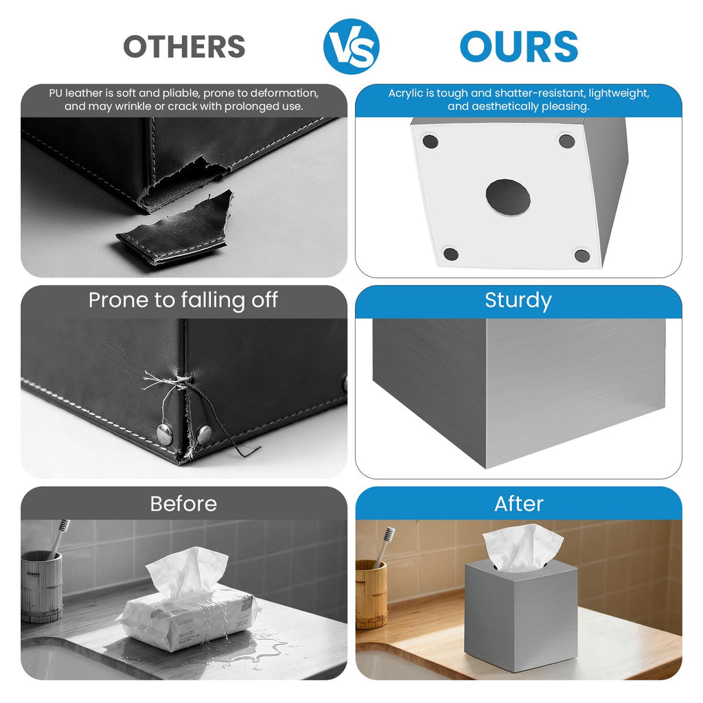 2 Pack Tissue Box Cover, Square Plastic Tissue Holder Non-Slip Base, Sliver