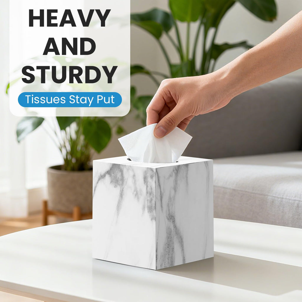 2 Pack Tissue Box Cover, Square Plastic Tissue Holder Non-Slip Base, Marble
