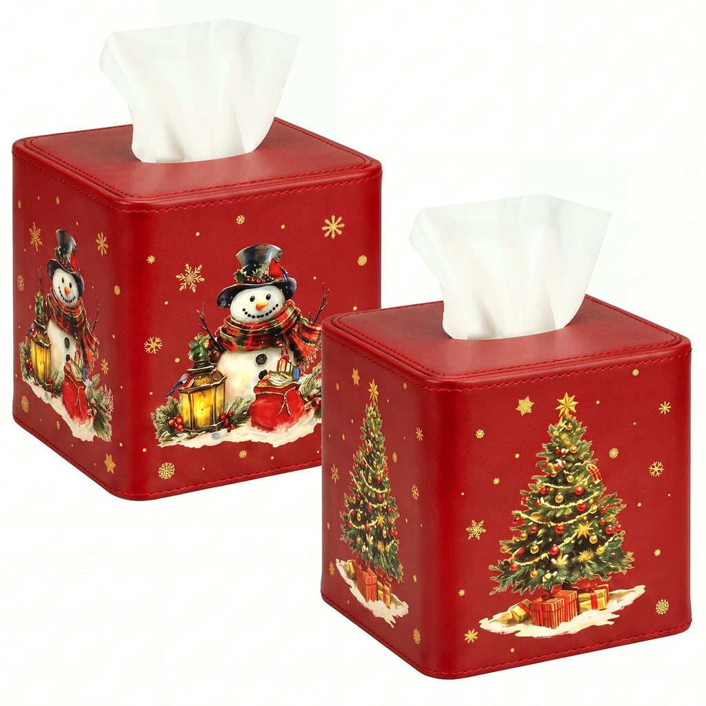 Thyle 2 Pcs Christmas Square Tissue Box Cover Red PU Leather Christmas Tree Snowman Tissue Box Holder Closure Xmas Decorations Cube Napkin Holder for Kitchen Car Home Office Living Room Bedroom