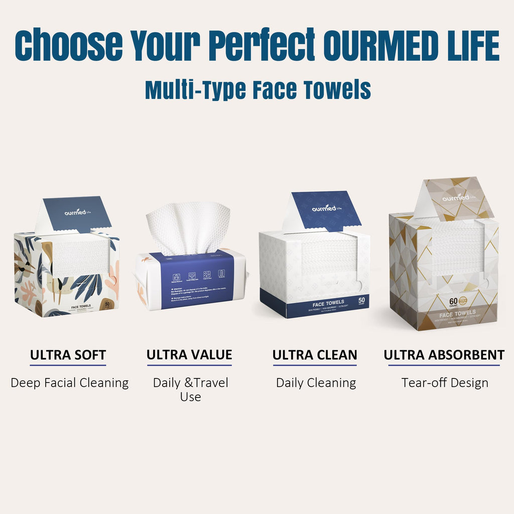 Ourmed Life Disposable Face Towels, 7.9 x 10 in Facial Towels, 120 Count | Clinically Tested, Reduce Redness, Skin Soothing, Sensitive Skin friendly, Biodegradable, Skincare, Women Cleansing,Absorbent