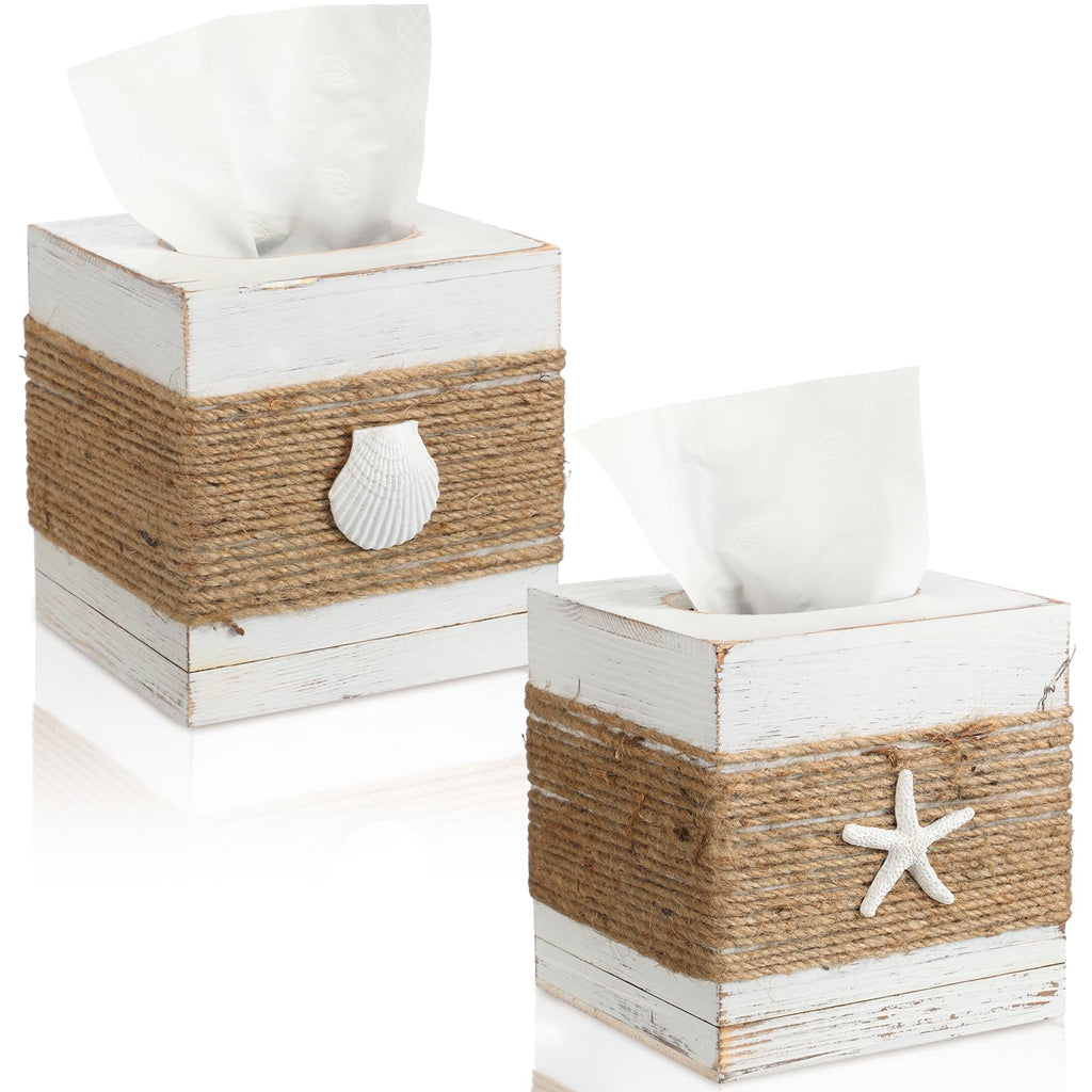 Thyle 2 Pcs Christmas Coastal Tissue Box Cover, Rustic Square Tissue Holder