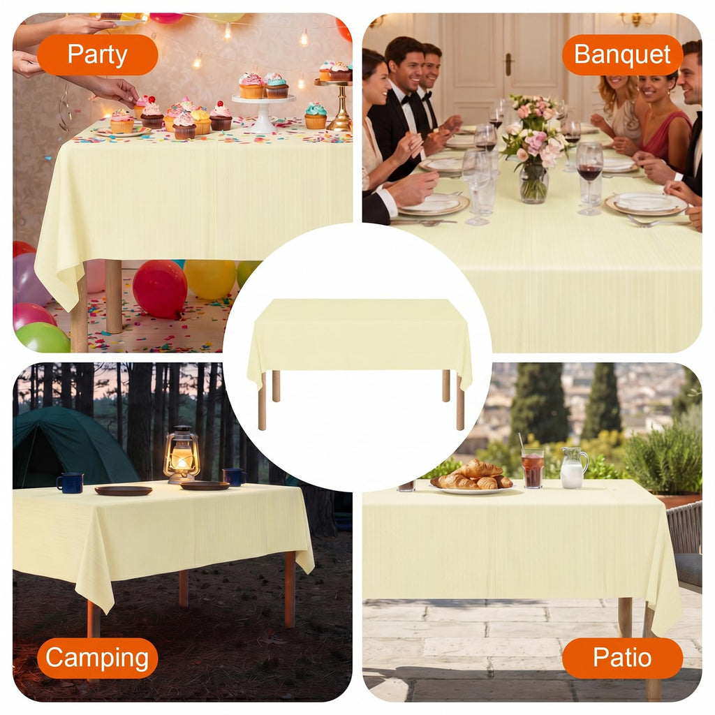 xozeooeu 15 Pack Pale Yellow Paper Tablecloths for Rectangle Tables 55 x 108 Inch, 3 Ply Disposable Table Cloths with Plastic Backing for Wedding, Birthday Party, Banquet