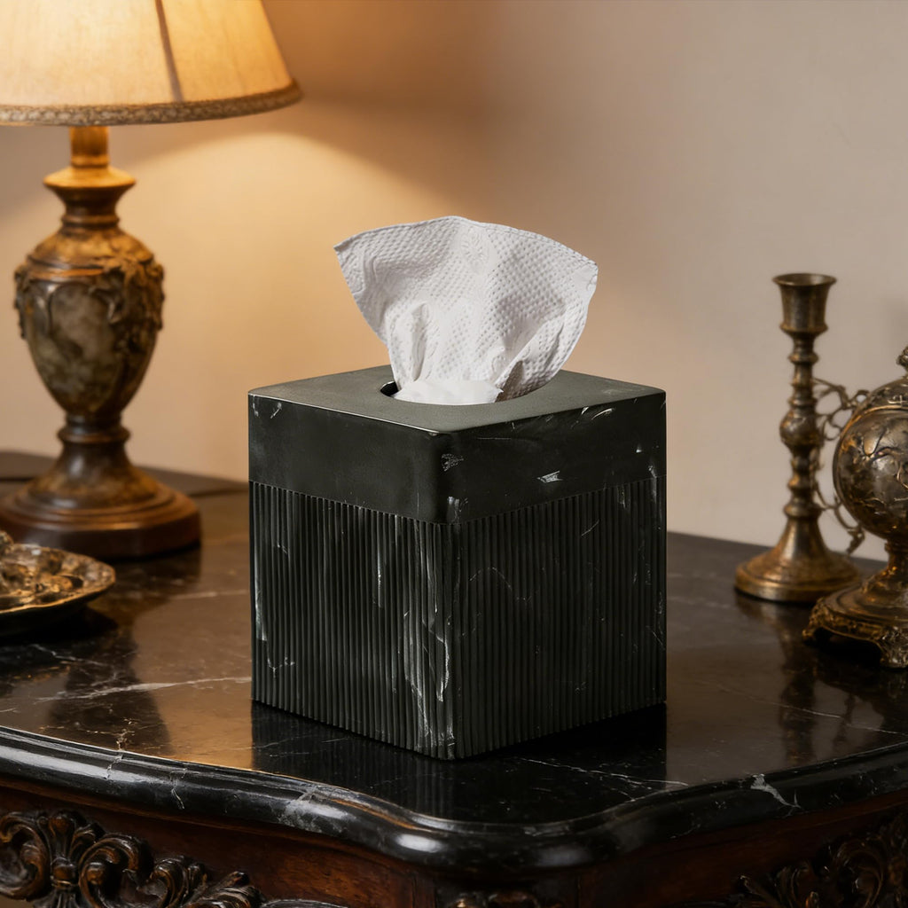 Tissue Box Cover Square Resin Tissue Holder for Home Decor, Hand Poured Marble Tissue Box Holder, 5 x 5 x 5.5 inches, Black