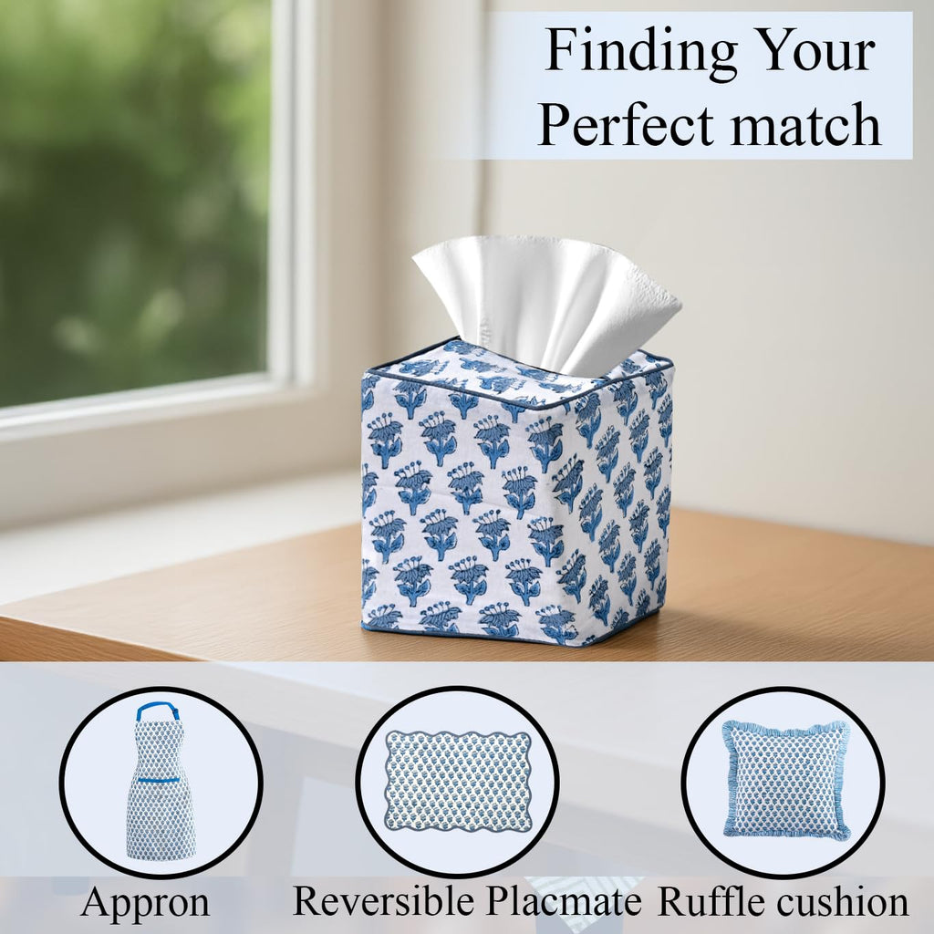 CPC 100% Cotton Piping Block Print Tissue Box Cover, Apatite Blue