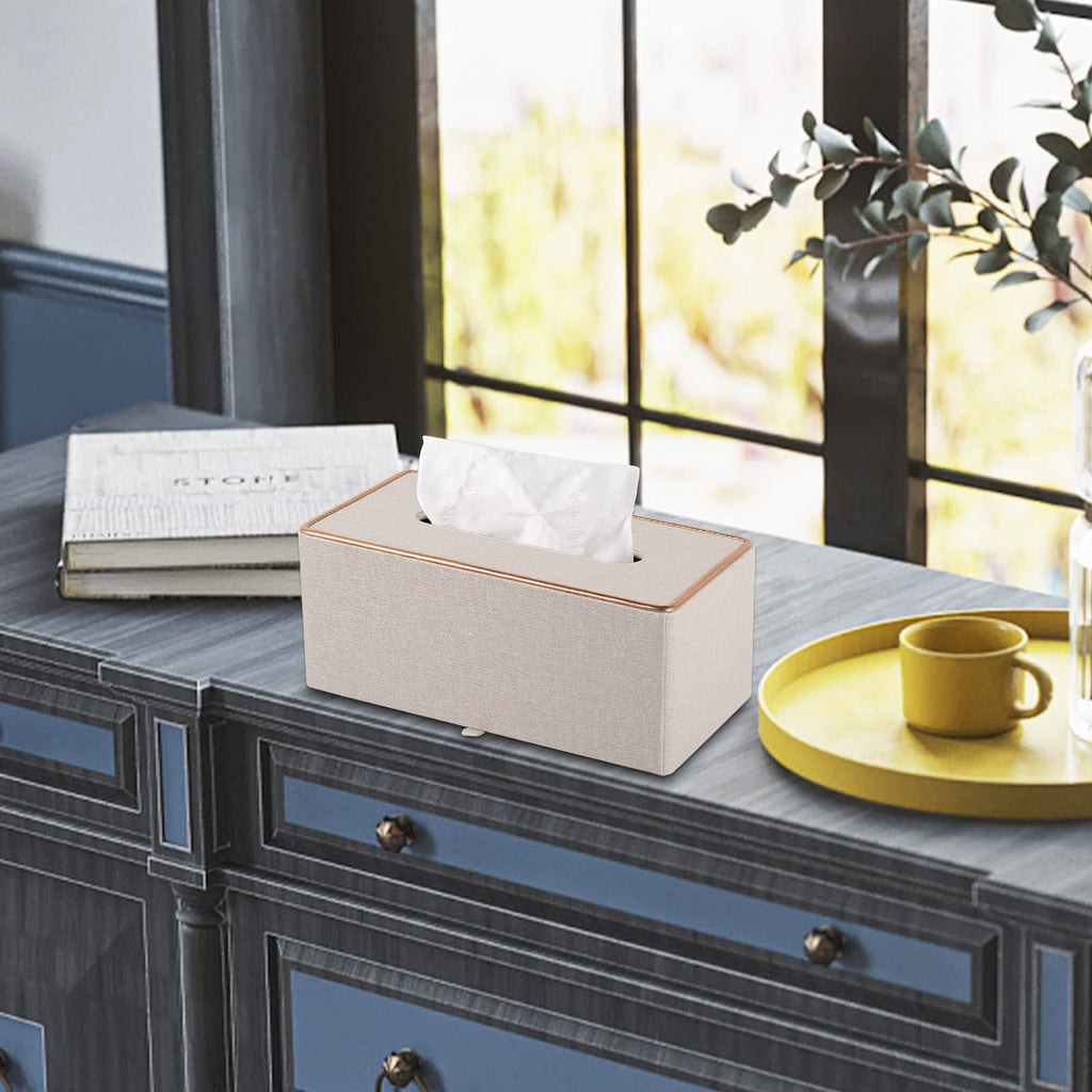 RHCSZ Fashion Leather Tissue Box Holder,Rectangular Tissue Box Cover for Bathroom Dresser Night Stand,Napkin Box Drawer Paper Dispenser,Home Office car Tissue Holder with Magnetic Bottom (Beige)