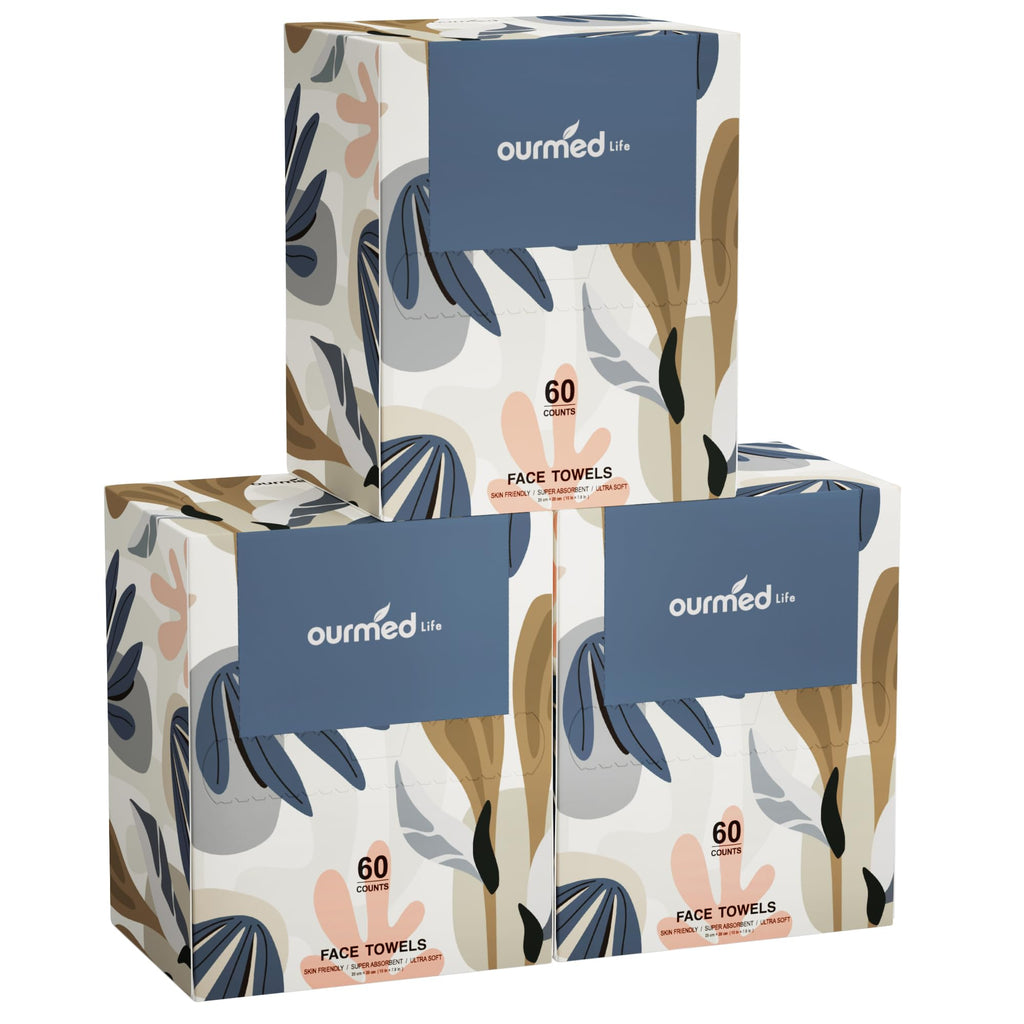Ourmed Life Disposable Face Towels, 7.9 x 10 in Facial Towels, 180 Count | Clinically Tested, Reduce Redness, Skin Soothing, Sensitive Skin friendly, Biodegradable, Skincare, Women Cleansing,Absorbent