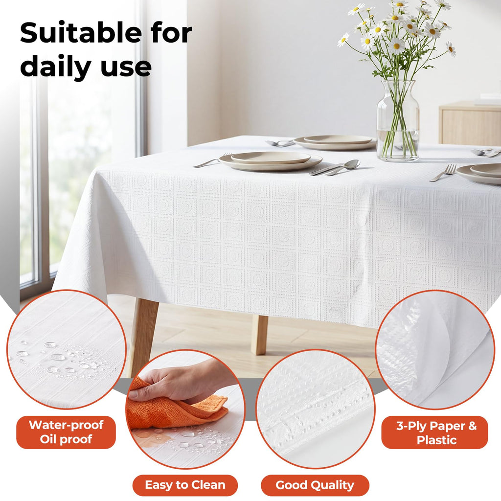 JHDZDHY White Paper Tablecloths 6 Pack, 54x108 Disposable Paper Table Cover with Plastic Backing, 3 Ply Paper & Plastic Table Cloth for 6-8 Ft Rectangle Tables Water Resistant Wedding Banquet
