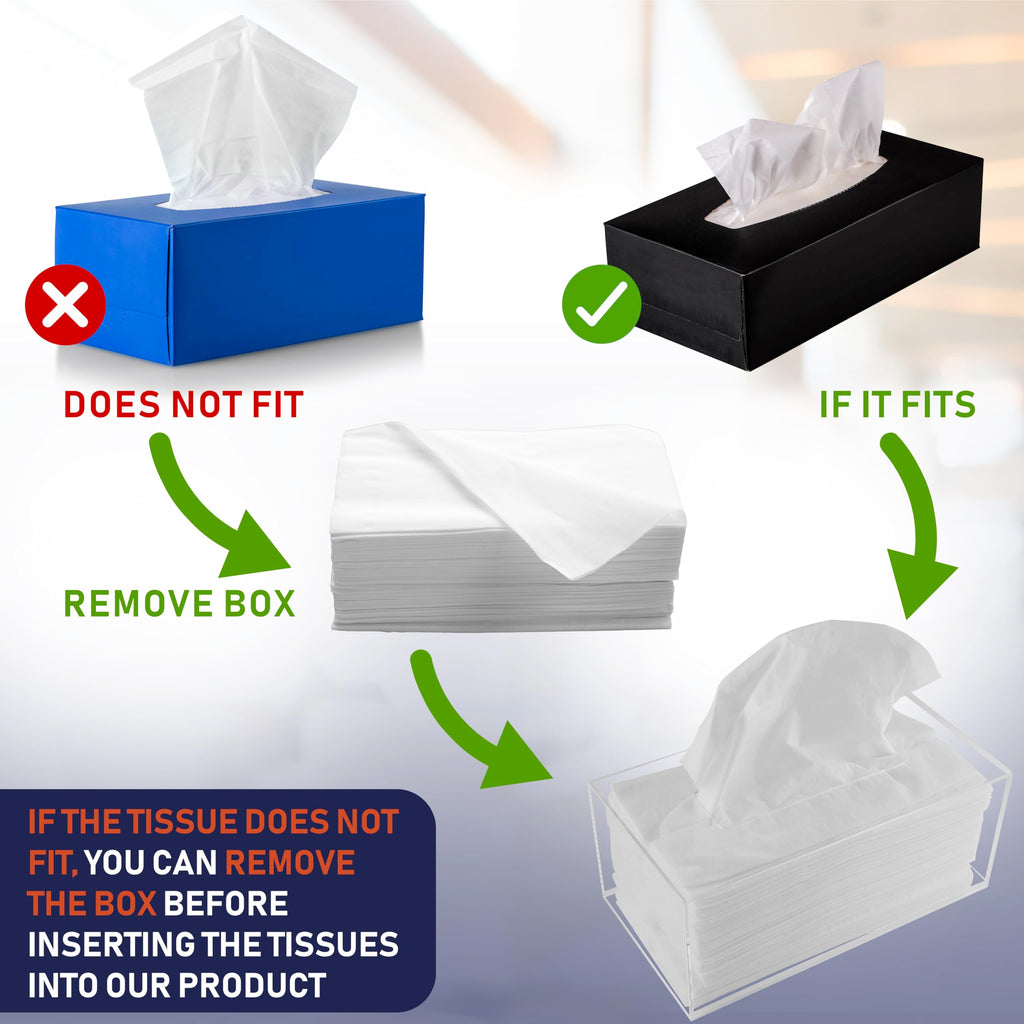 Acrylic Tissue Box Holder, Clear Dispenser for Facial Tissues, Napkins, and Dryer Sheets. Perfect for Bathrooms, Desks, Countertops, Vanities, Bedrooms, and Nightstands (Rectangle, Clear) (Pack of 2)