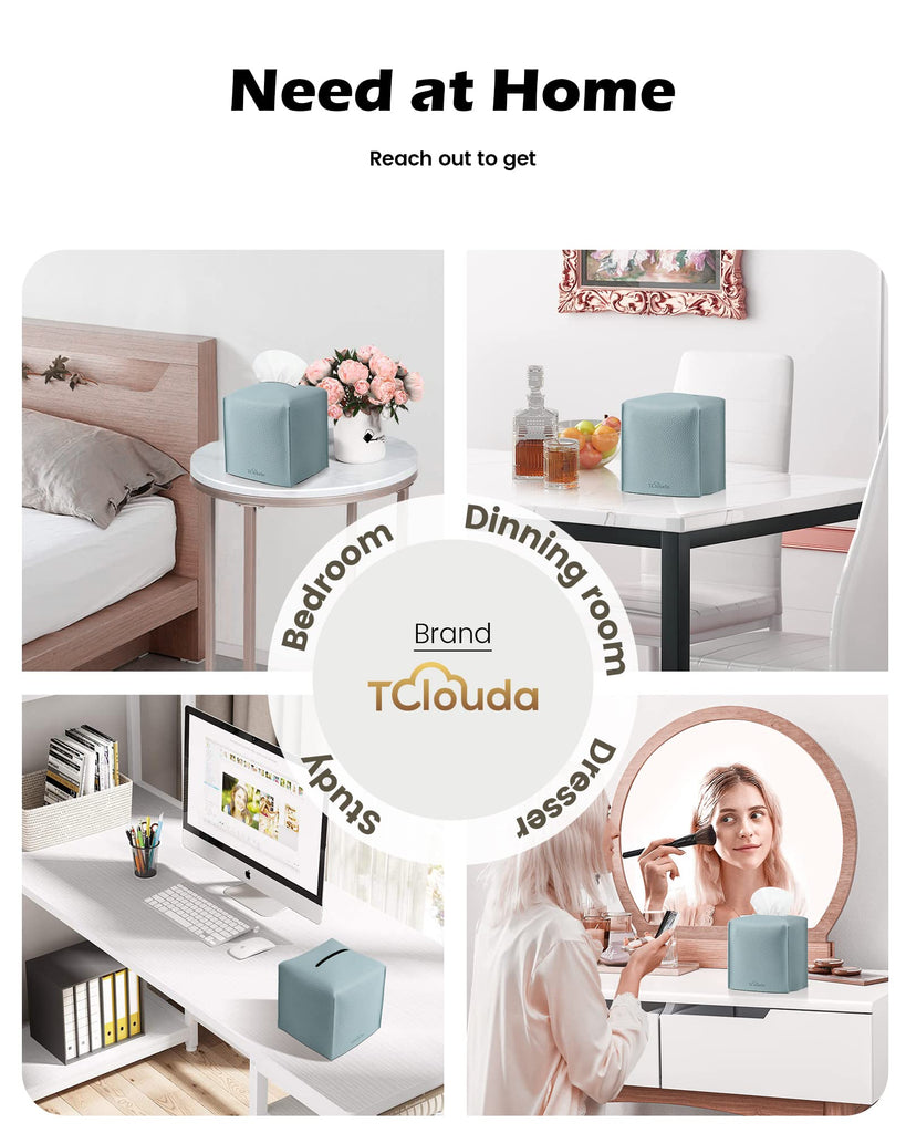 Tclouda Tissue Box Cover for PU Leather, Modern Simple Solid Color Holder Square Tissue Bag, Ideal for Bathrooms,Office,Car,Nightstand,Outdoor Tent,Dining Table,5"X5"X5", Single Blue