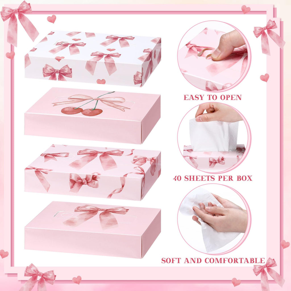 TaoBary 24 Pack Small Facial Tissue Box 2 Ply Pink Bow for Car Desk