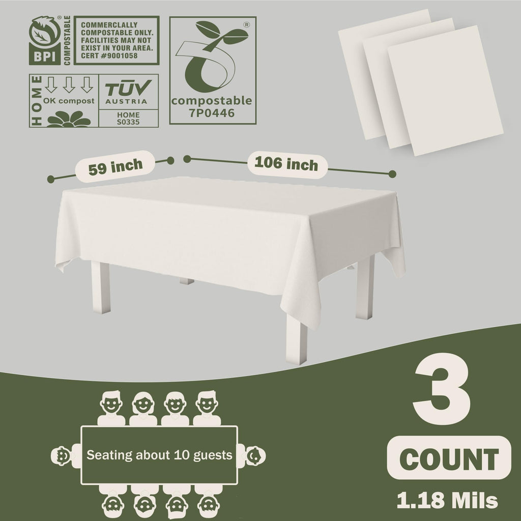 JENCENBIO Compostable Table Cloths for Rectangle Tables 59''x106'' Disposable Tablecloth for Outdoor Party Picnic Wedding 3 Packs White