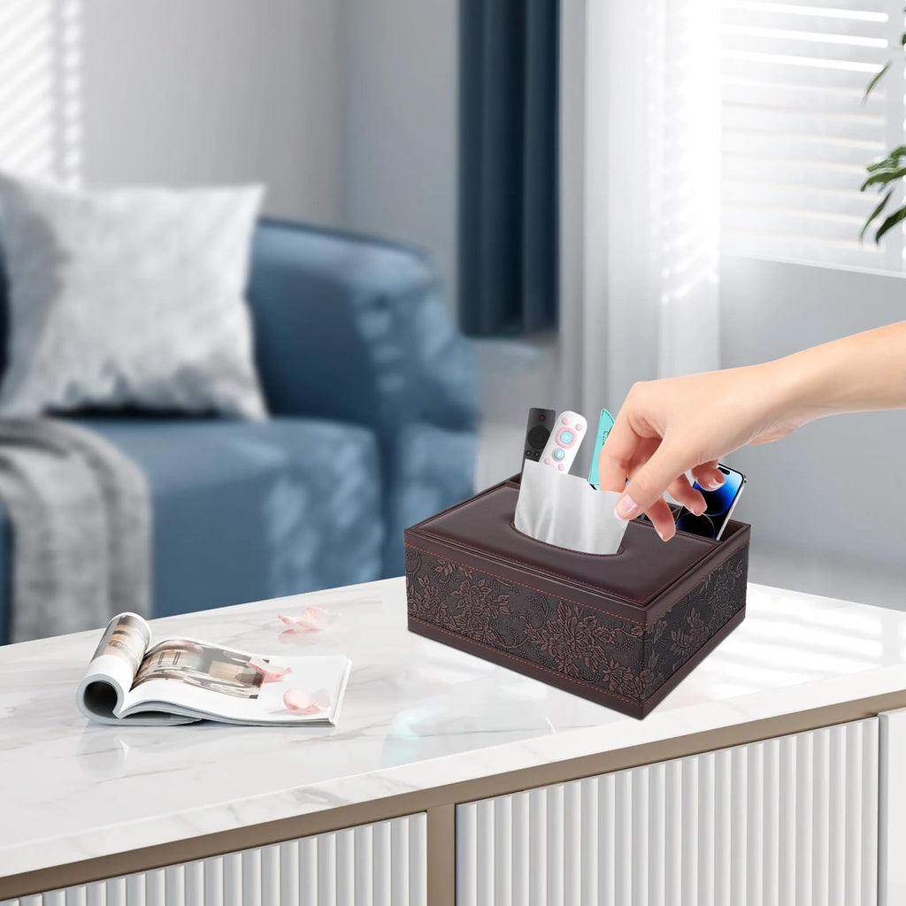 XNONE Tissue Box Cover Rectangle Retro Tissue Box Holder PU Leather Facial Tissues Organizer,Multifunctional Remote Control Stationery Storage Box,Home Office Supplies Car Napkin Caddy