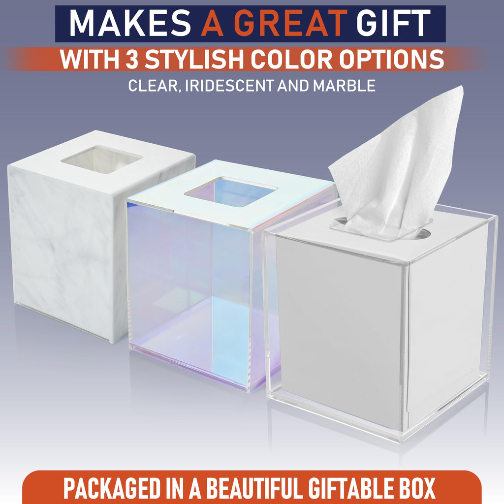 Acrylic Tissue Box Holder, Square Dispenser for Facial Tissues, Napkins, and Dryer Sheets. Perfect for Bathrooms, Desks, Countertops, Vanities, Bedrooms, and Nightstands (Square, Clear)