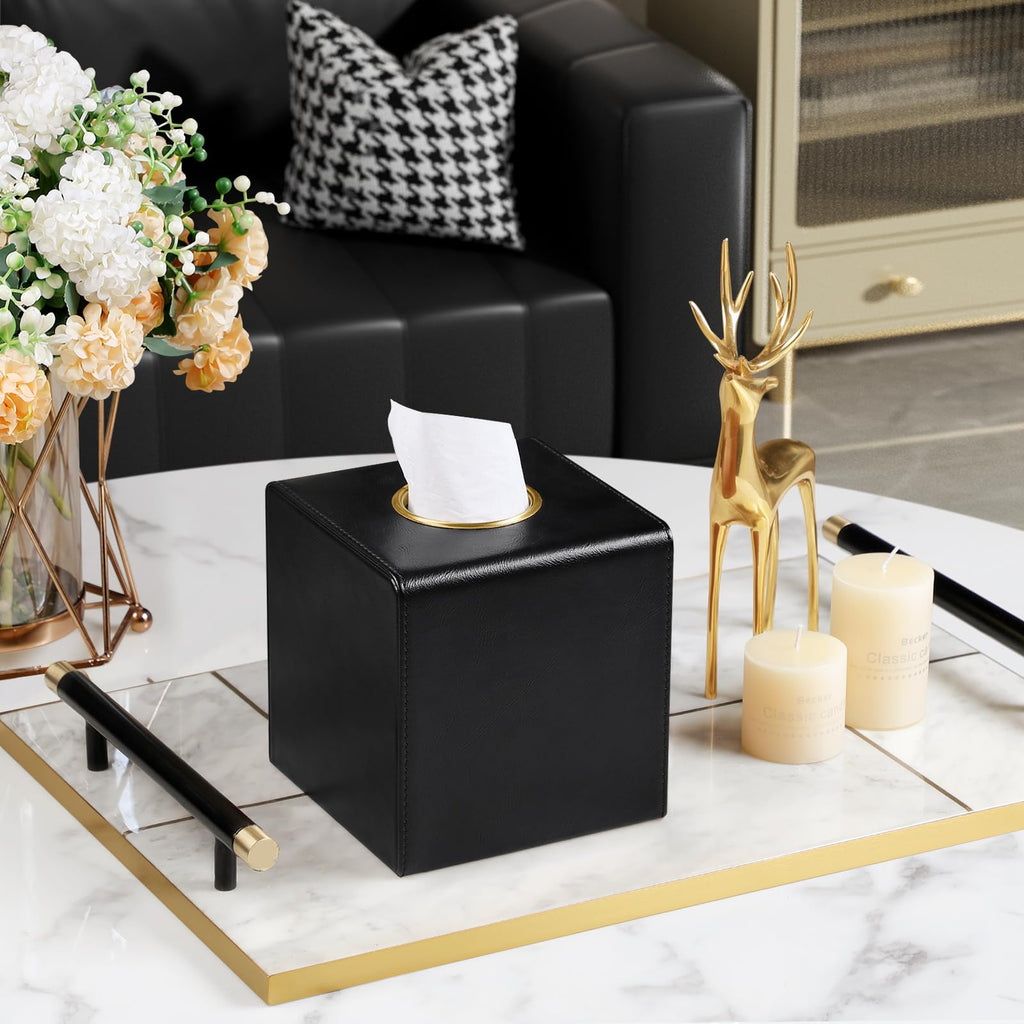MEIBOOCH Square Tissue Box Cover with Magnetic Closure, Black