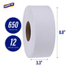 Genuine Joe Jumbo Roll Bath Tissue, 2-Ply, 3.25" x 650', Pack of 12