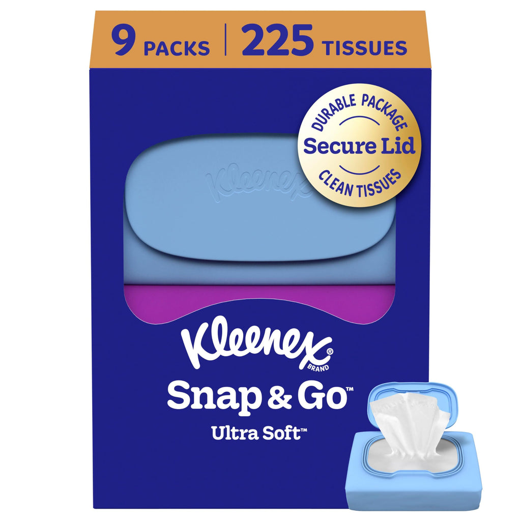 Kleenex Snap & Go Ultra Soft Facial Tissues, 9 Packs, 25 Tissues per Pack