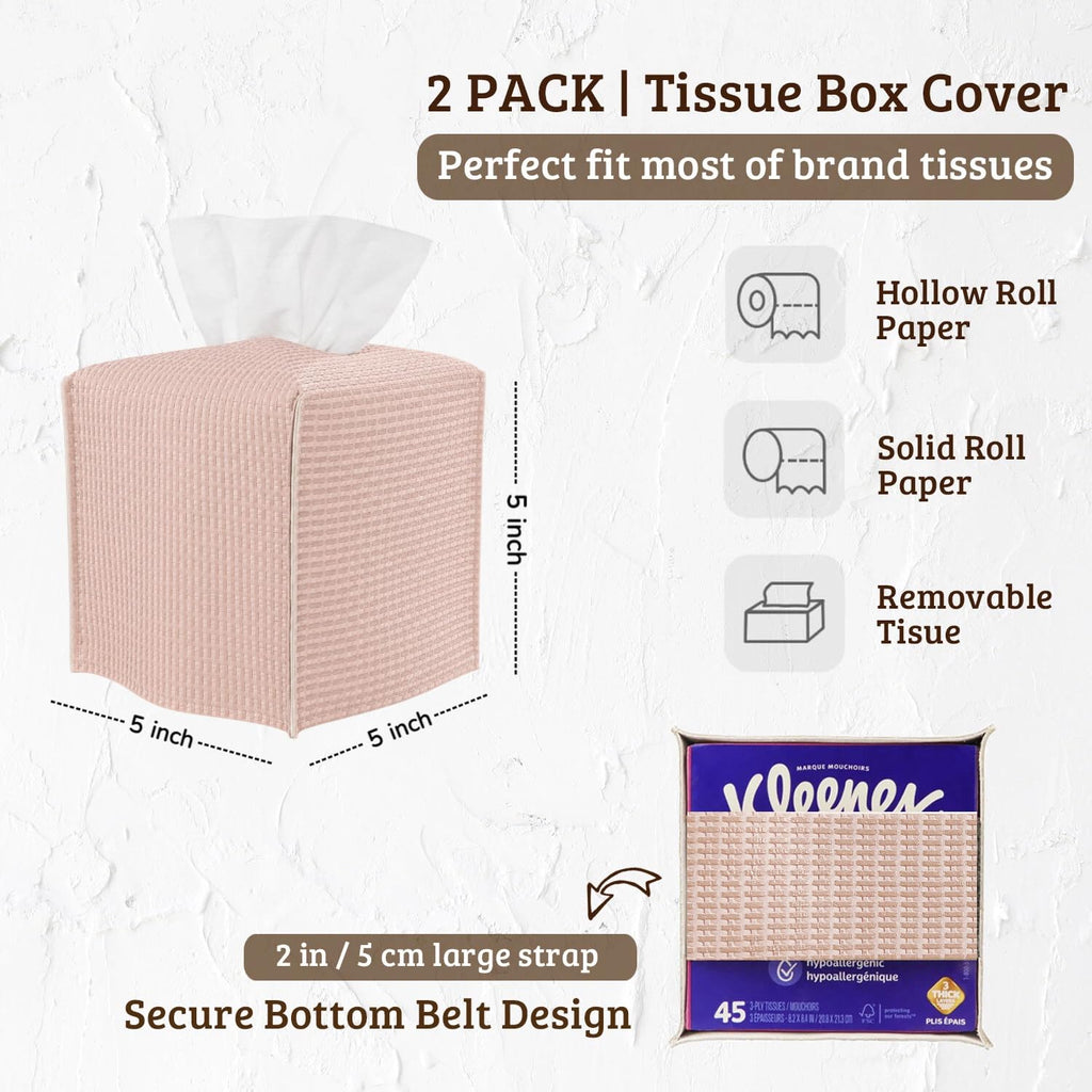 Ricomboo 2 Pack Tissue Box Cover Square, 5x5x5 PU Leather Tissue Boxes Holder, Decor Cube Paper Organizer with Bottom Belt for Bathroom, Home, Night Stands, Office, Kitchen (Coral Pink)