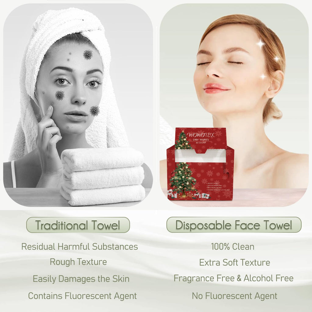 Christmas Style WOWOTEX Disposable Face Towels 60 Count Large Dry Wipes