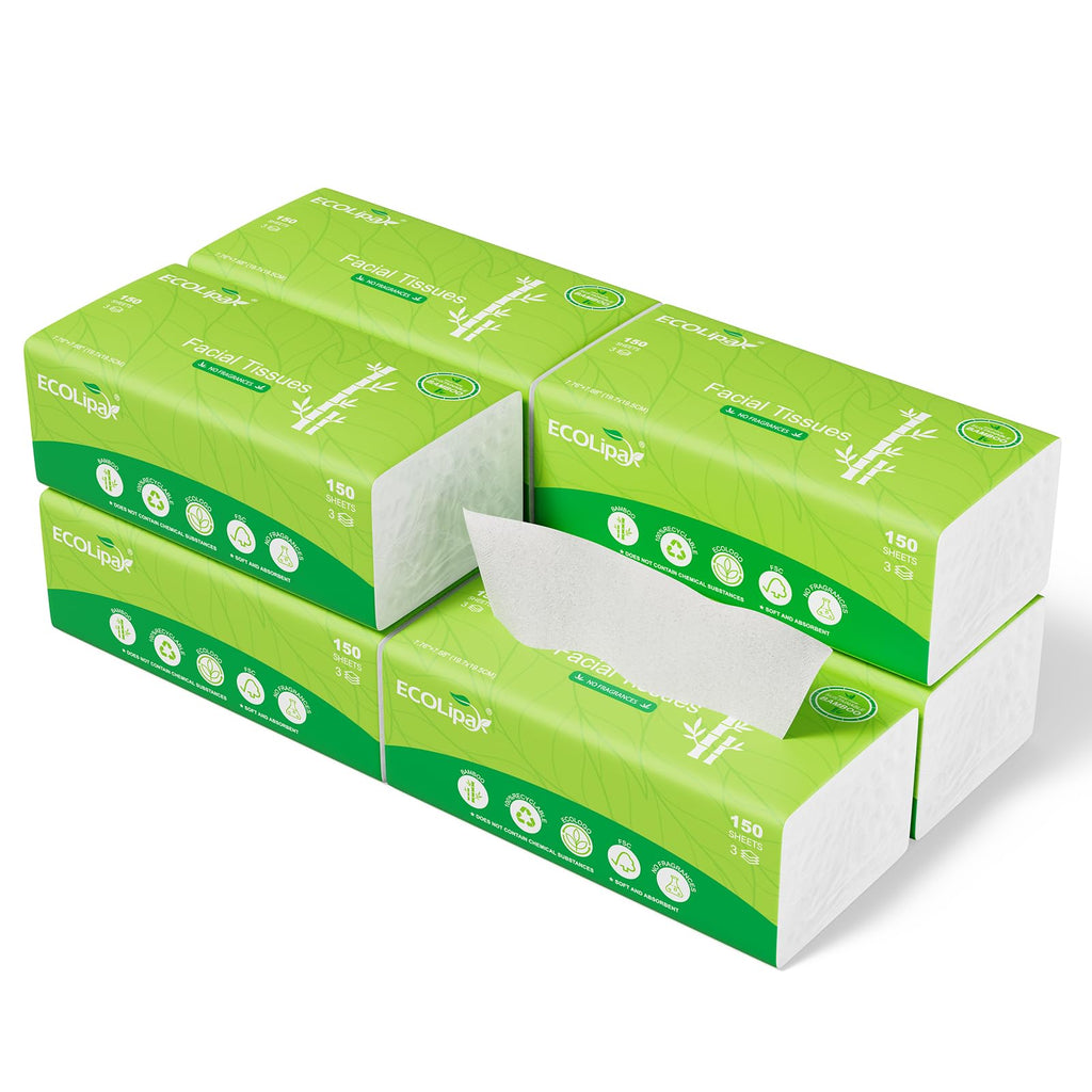 ECOLipak Bamboo Facial Tissues, 8 Packs, 1200 Sheets Total, 3-Ply