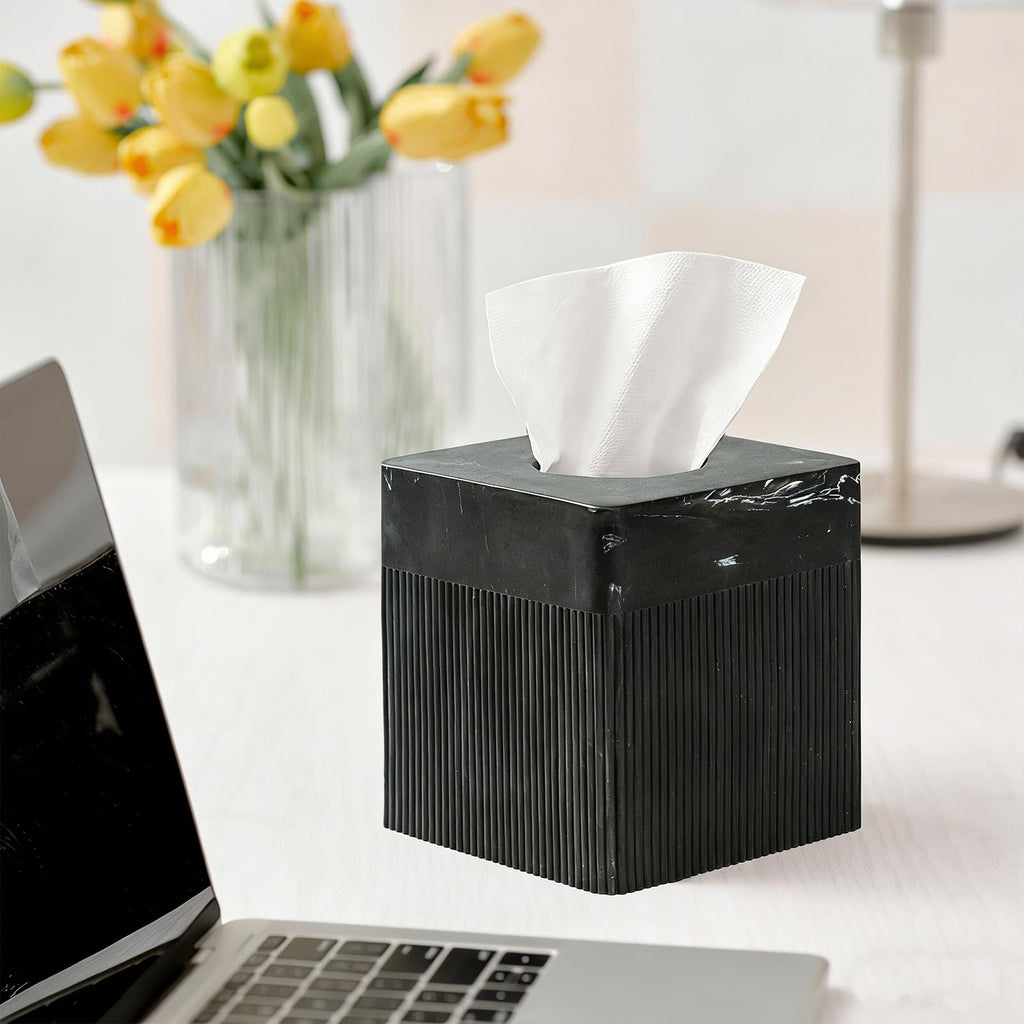 Tissue Box Cover Square Resin Tissue Holder for Home Decor, Hand Poured Marble Tissue Box Holder, 5 x 5 x 5.5 inches, Black