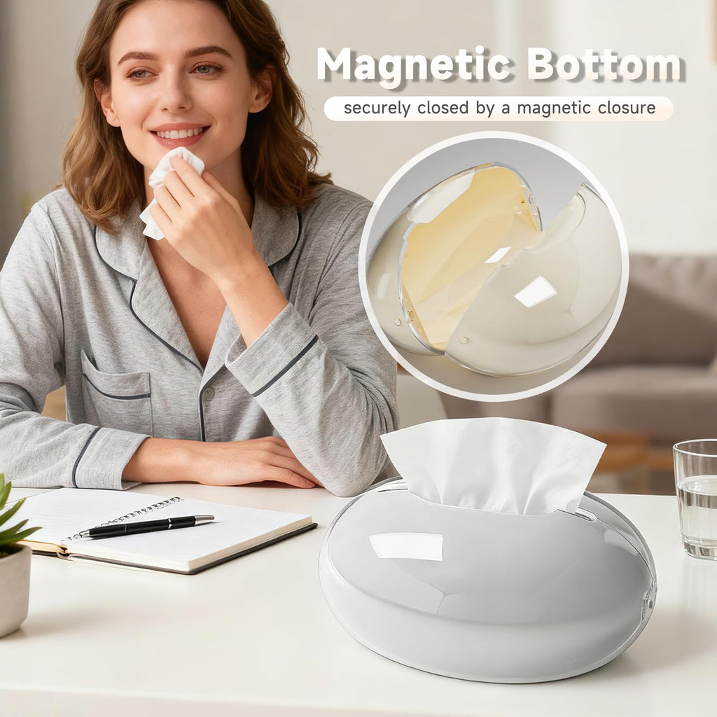 Acrylic Tissue Box Cover, Large Round Design with Non-Slip Base, Beige Decorative Holder for Bathroom, Living Room, Office (White)