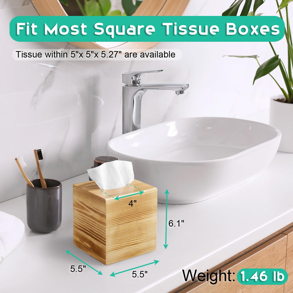 ALELION Tissue Box Cover Square - Wooden Tissue Box Holder for Tabletop Night Stands Bathroom Office - Decorative Brown Facial Cube Tissue Box Cover