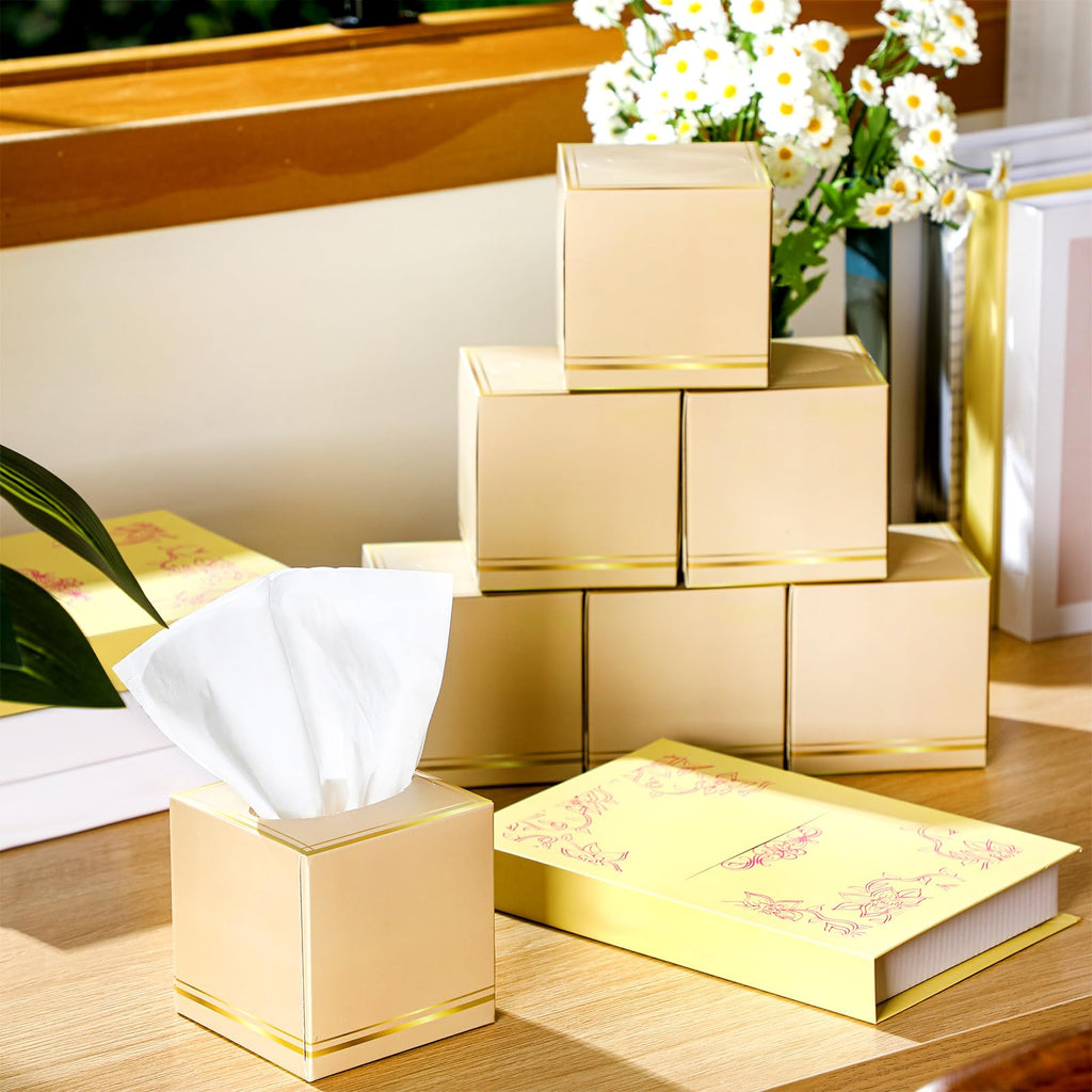 Fourluoo 12 Pack Facial Tissues Cube Boxes Face Box 600 Sheets 3 ply Soft Paper Square Tissues Bulk for Car Pocket Toilet Household Bedroom Family(Light Brown)