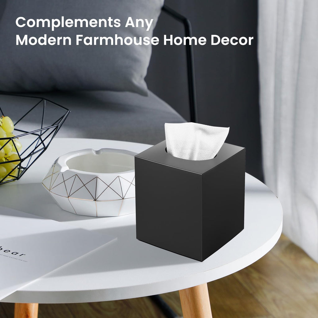 Square Tissue Box Cover with 2 Pcs Clear Qtip Holder Dispenser, Black