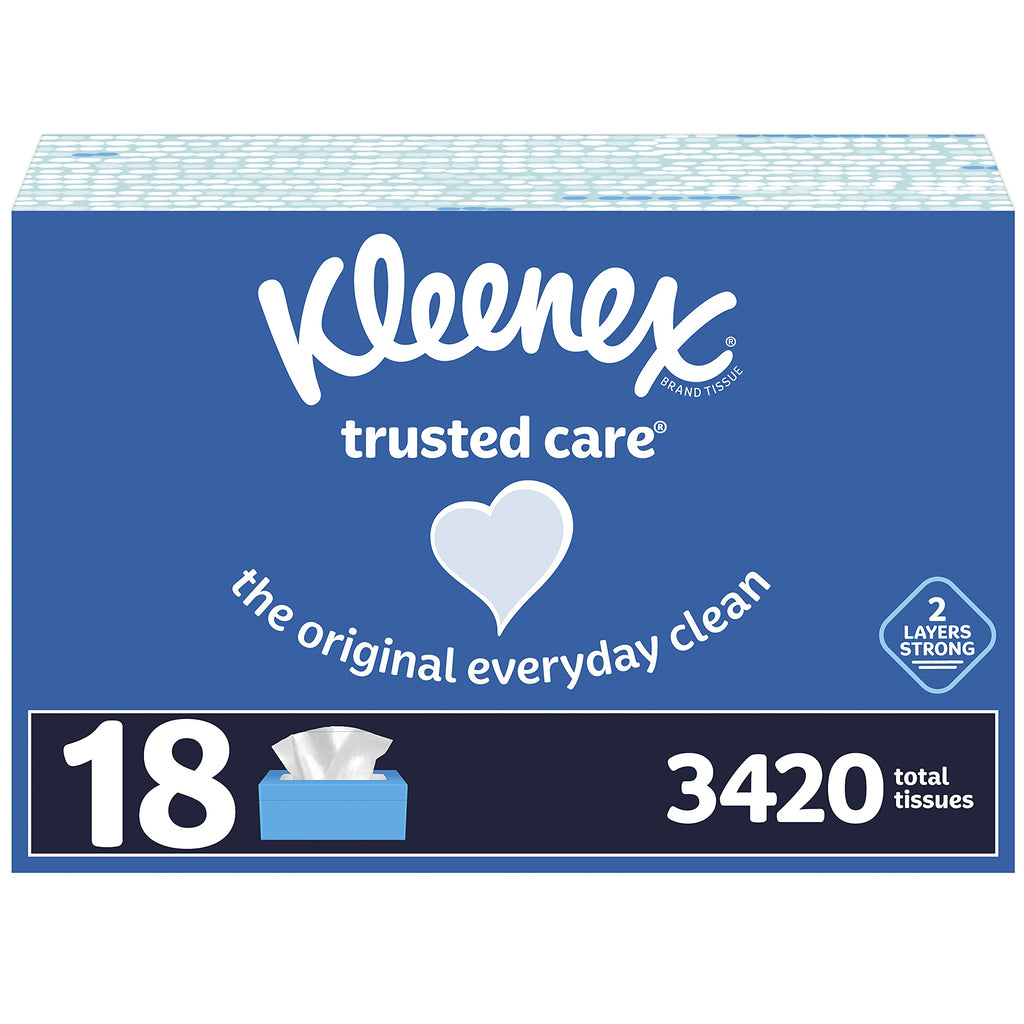Kleenex Trusted Care Facial Tissues, 18 Flat Boxes, 190 Tissues per Box (3,420 Total Tissues)