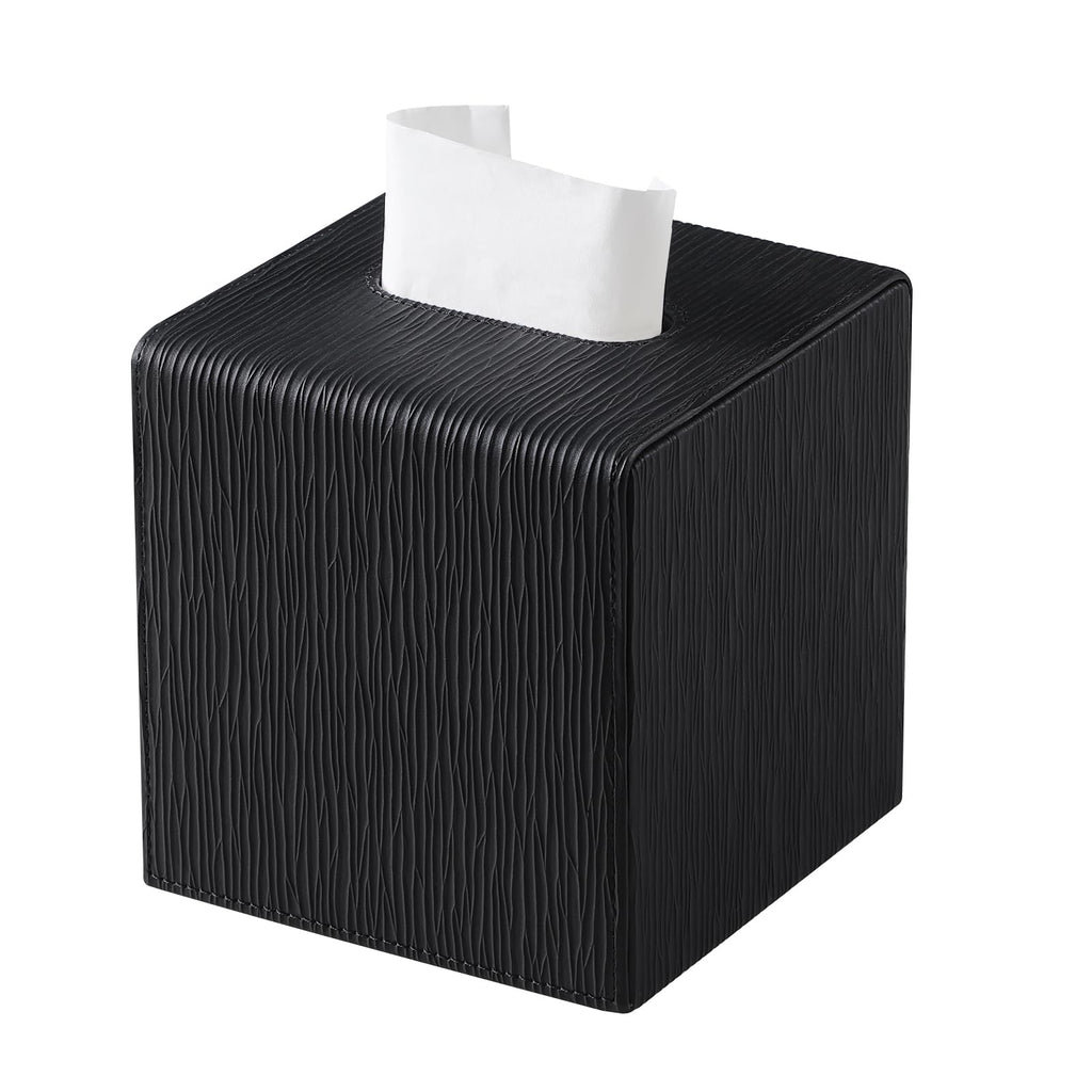 JLAMBOM PU Leather Tissue Box Cover Square, Cube Tissue Box Holder (Black)