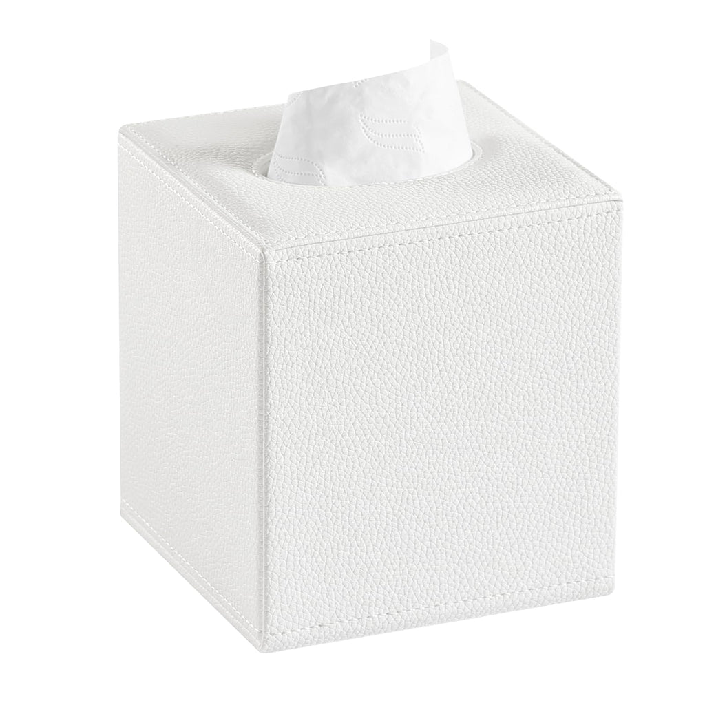 JLAMBOM PU Leather Tissue Box Cover Square Tissue Box Holder (White)