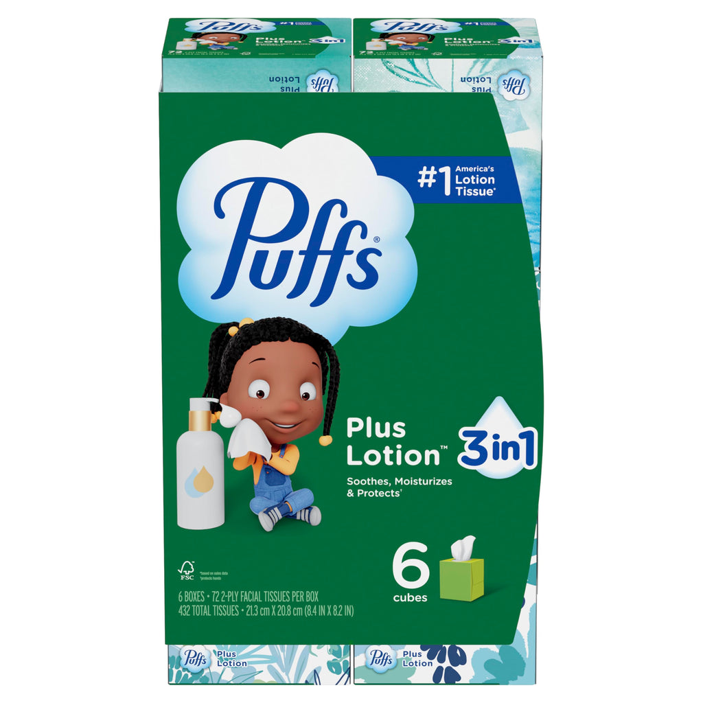 Puffs Facial Tissue Plus Lotion, Mega Cube Box, 72 Tissues Per Box, 6 Count