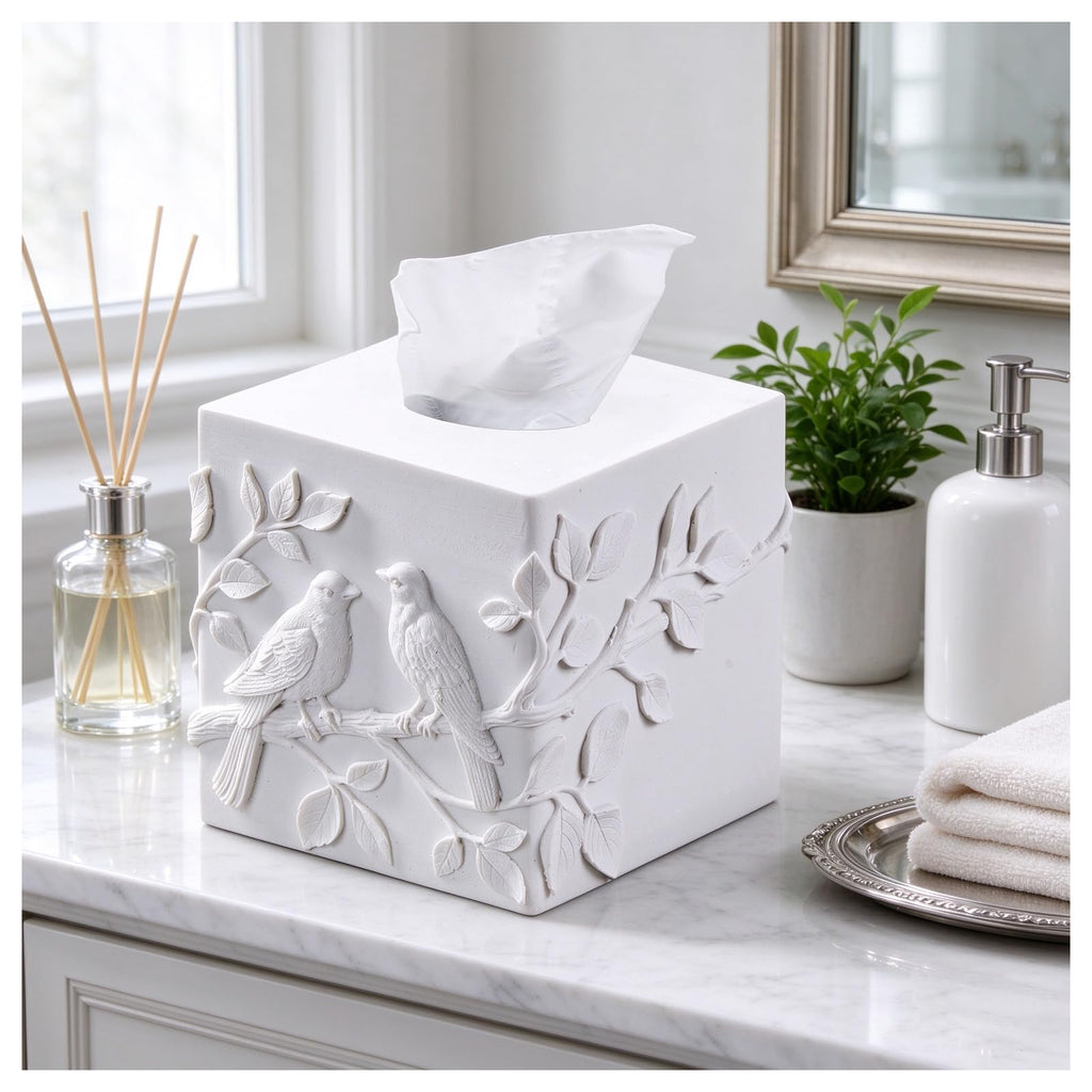 White Square Tissue Box Cover with Marble Relief Birds Branch Decorative
