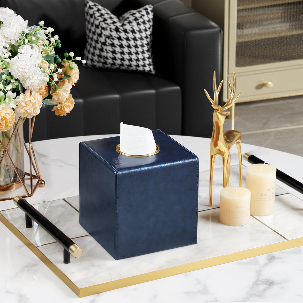 MEIBOOCH Square Tissue Box Cover with Magnetic Closure, Navy Blue