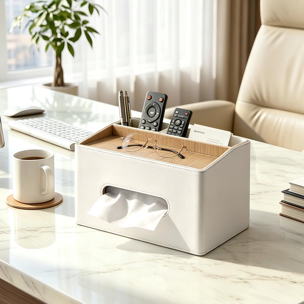 PU Leather Tissue Box Holder Rectangle,Facial Tissue Cover with Tray on Top