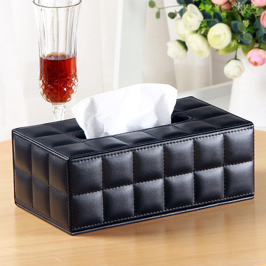 High-end Fashion PU Leather Tissue Box Holder Business Black, Rectangular Napkin Holder Drawer Paper Dispenser, Home Office Car Tissue Holder with Magnetic Bottom (Black Checkered)