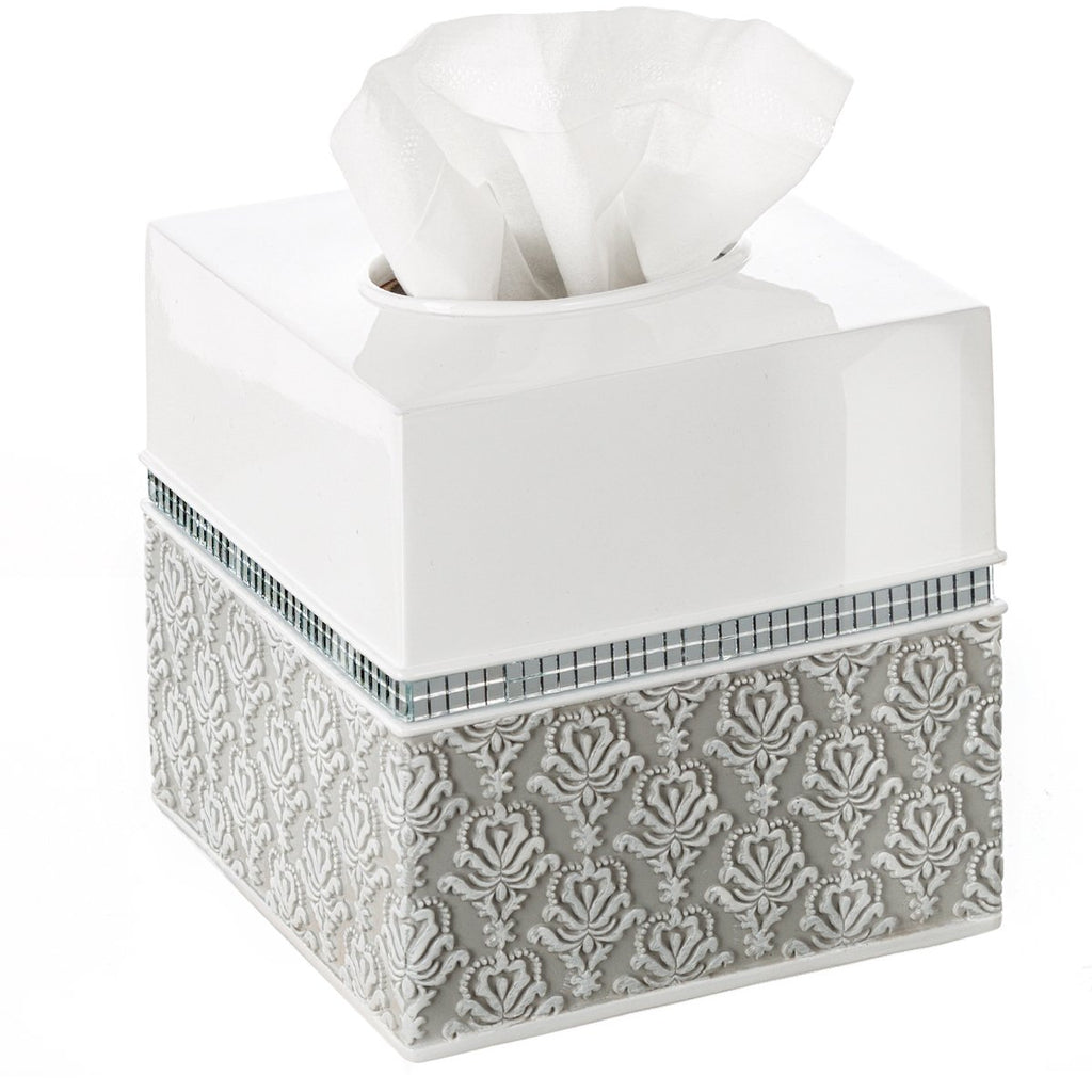Mirror Damask White & Gray Square Resin Tissue Box Cover with Bottom Slider