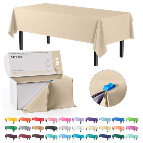 Exquisite Party Solids 54 Inch X 300 Feet Ivory Plastic Table Cover Roll in A Cut - to - Size Box with Convenient Slide Cutter. Cuts Up to 36 Rectangle 8 Feet Plastic Disposable Tablecloths
