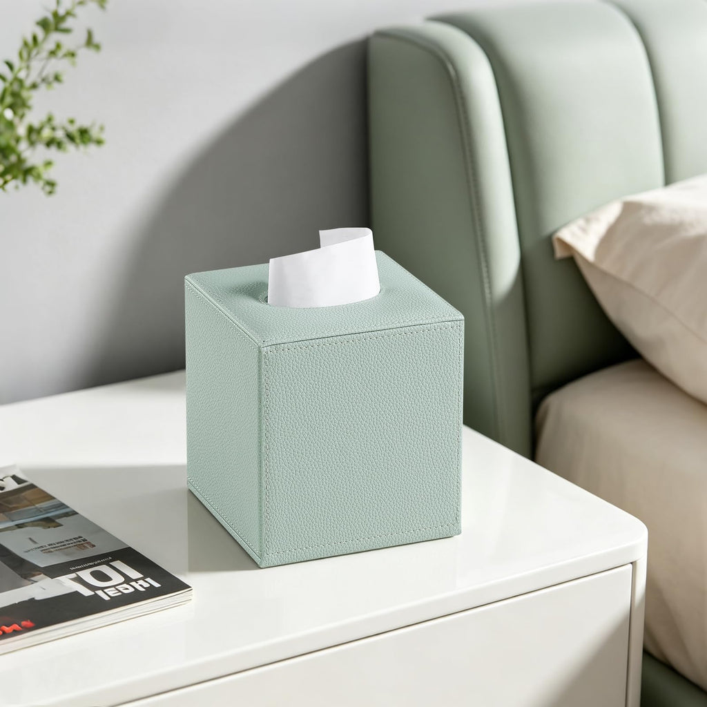 JLAMBOM PU Leather Tissue Box Cover Square Tissue Box Holder (Sage Green)