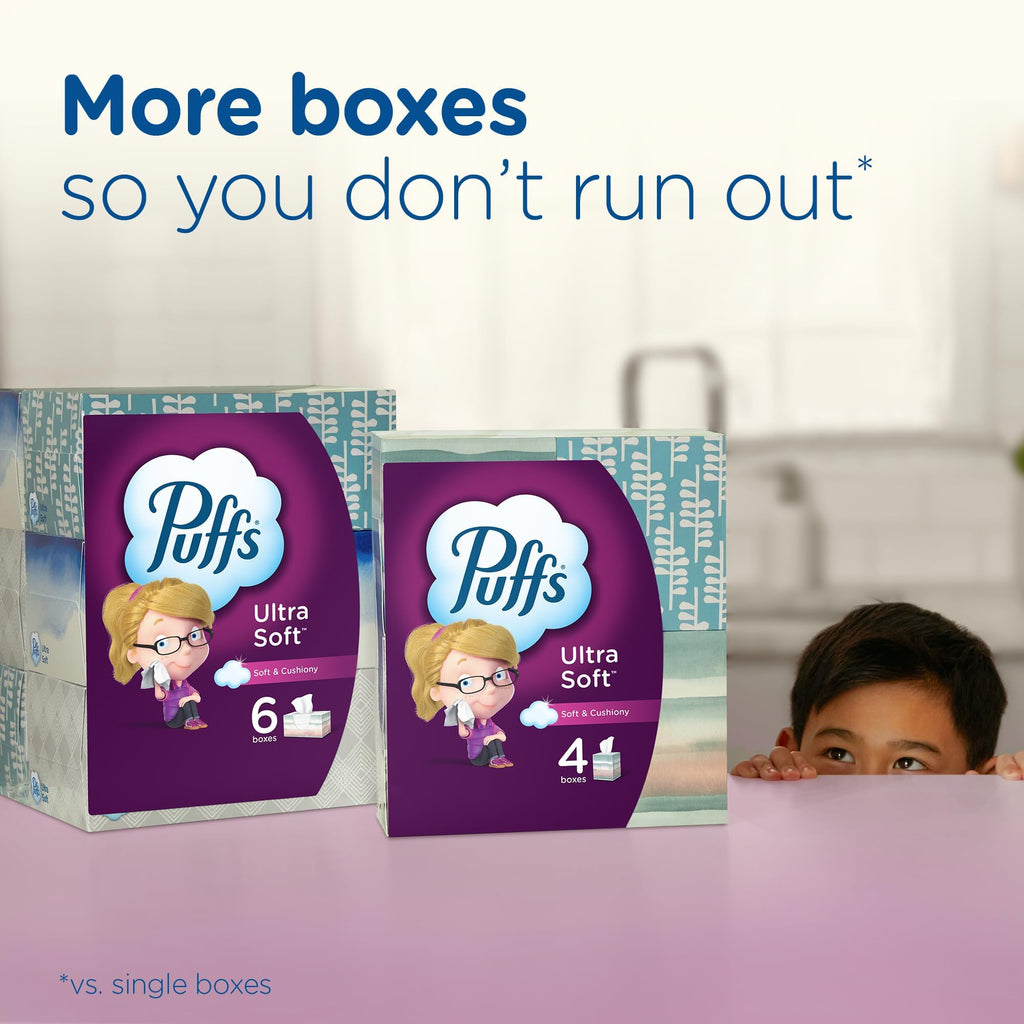 Puffs Facial Tissues Ultra Soft, 24 Family Rectangle Boxes, 124 Facial Tissues per Box, Allergies and Colds (Packaging May Vary)