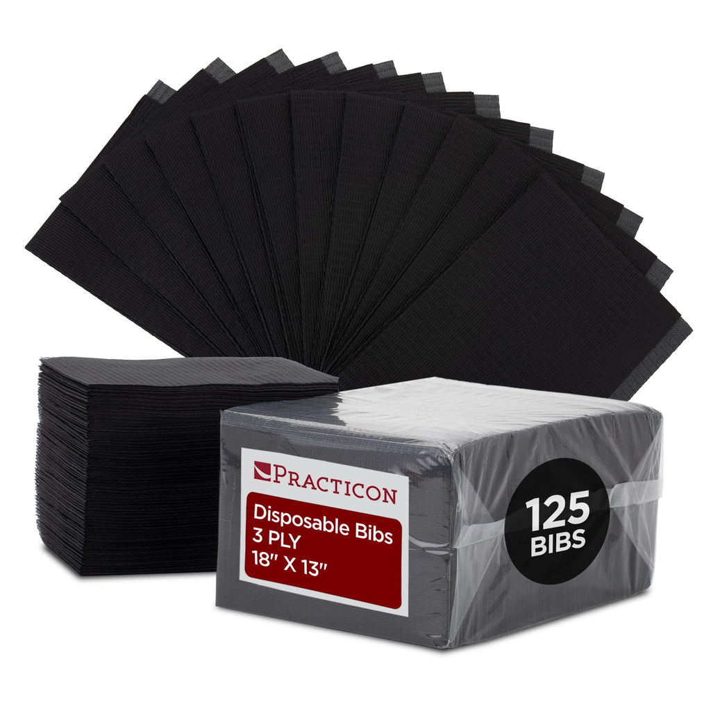Practicon 125 Pack Black Disposable Patient Bibs, 18" x 13", 3 Ply Waterproof Paper Bib Sheet with Poly Back, Dental, Medical, Tattoo, Nail Tray or Table Cover, 125 Pack