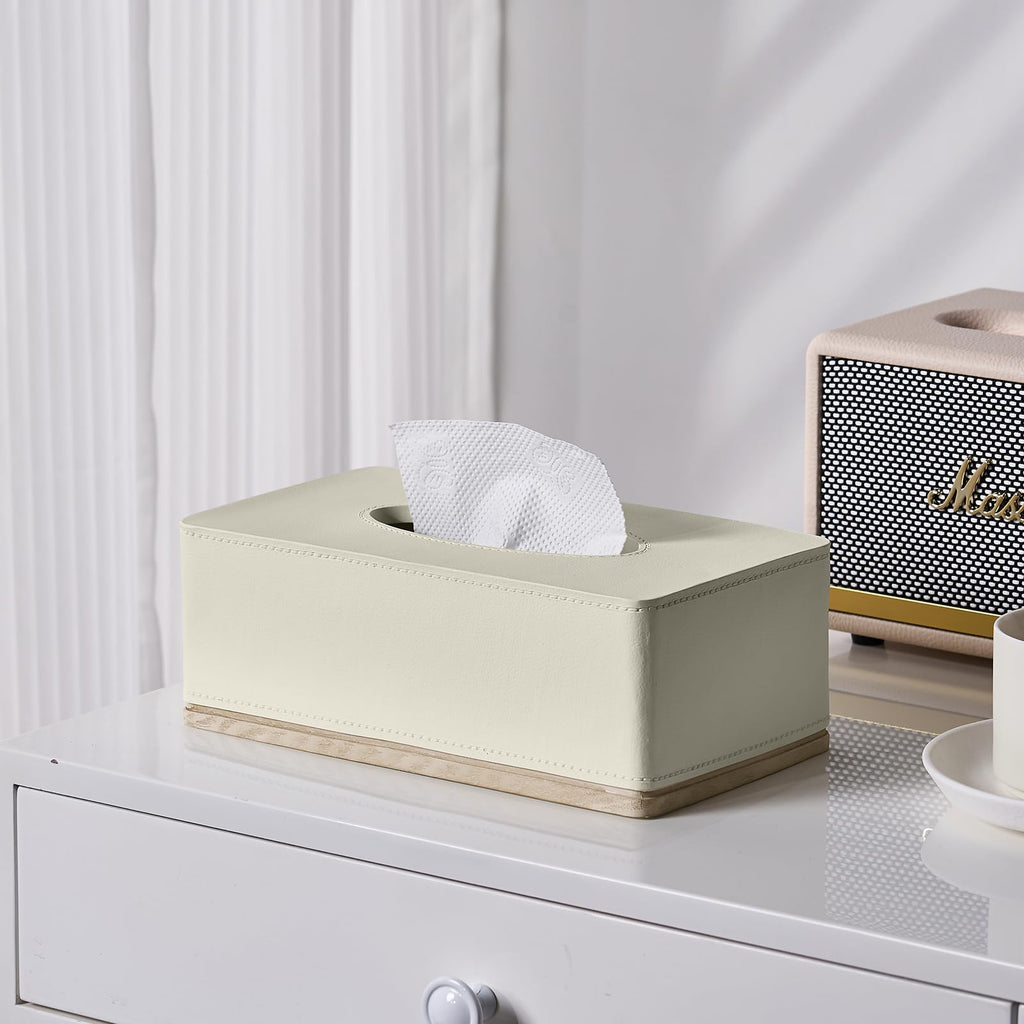 Rectangular Tissue Box Cover for Bathroom,Livingroom,Bedroom, Hand Carved Leather Resin Tissue Box Holder,10 x 5.7 x3.7 in, Beige