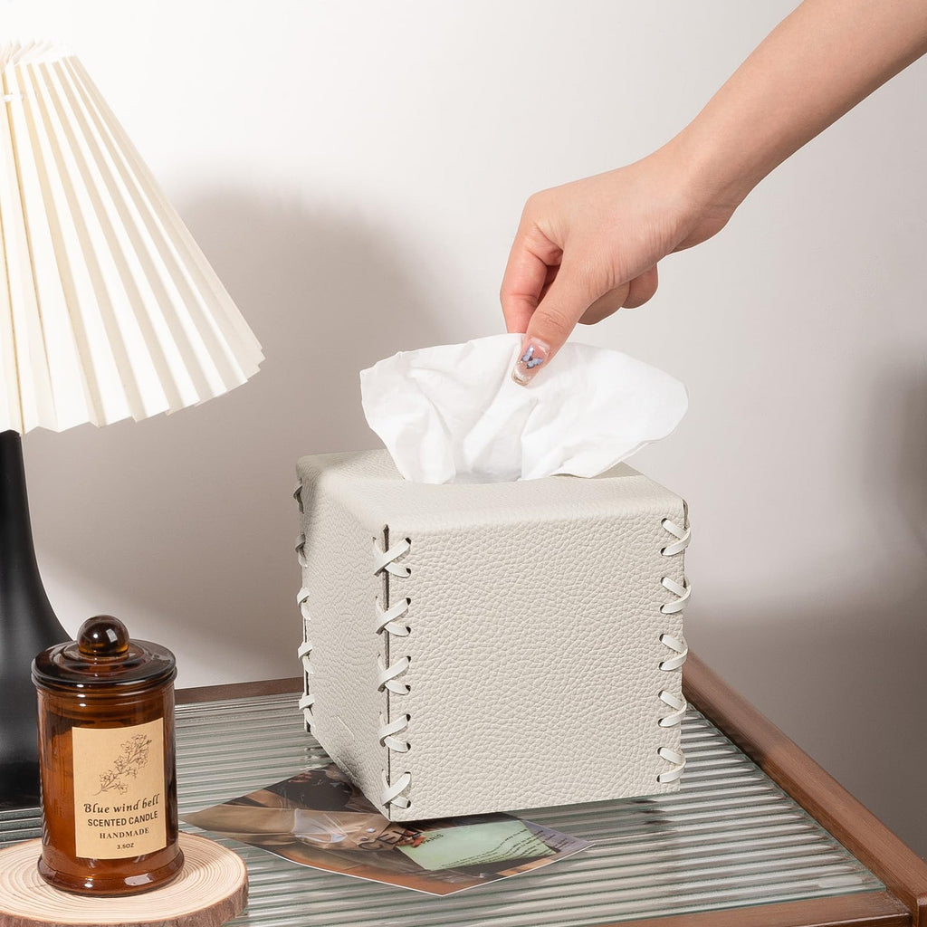 Tissue Box Cover PU Leather Tissue Holder Square Decorative Home Decor Cube Boxes for Bathroom, Kitchen, Nightstand, Office Desk Essentials, Griege