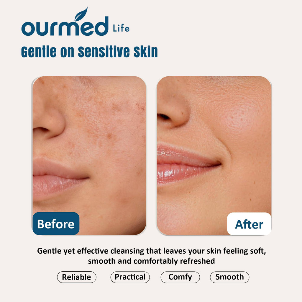 Ourmed Life Disposable Face Towels, 7.9 x 10 in Facial Towels, 120 Count | Clinically Tested, Reduce Redness, Skin Soothing, Sensitive Skin friendly, Biodegradable, Skincare, Women Cleansing,Absorbent